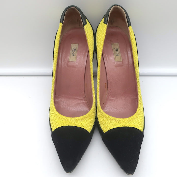 Prada Pumps Yellow Mesh &amp; Black Suede Size 36.5 Pointed Toe Heels