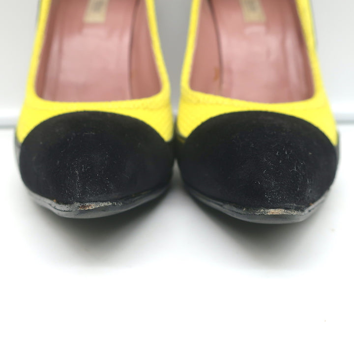 Prada Pumps Yellow Mesh &amp; Black Suede Size 36.5 Pointed Toe Heels