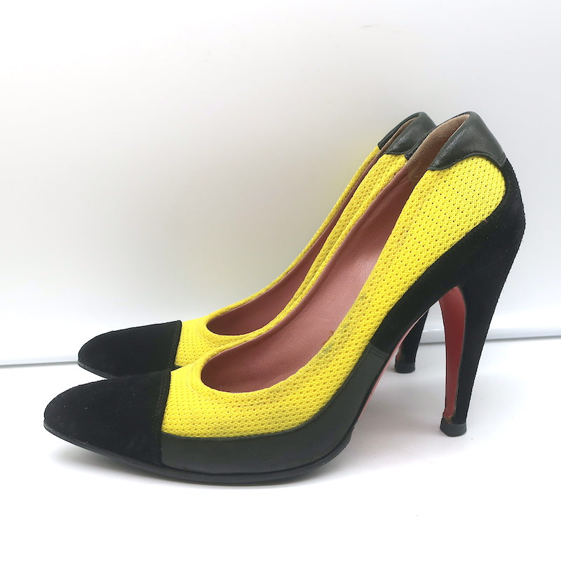 Prada Pumps Yellow Mesh &amp; Black Suede Size 36.5 Pointed Toe Heels
