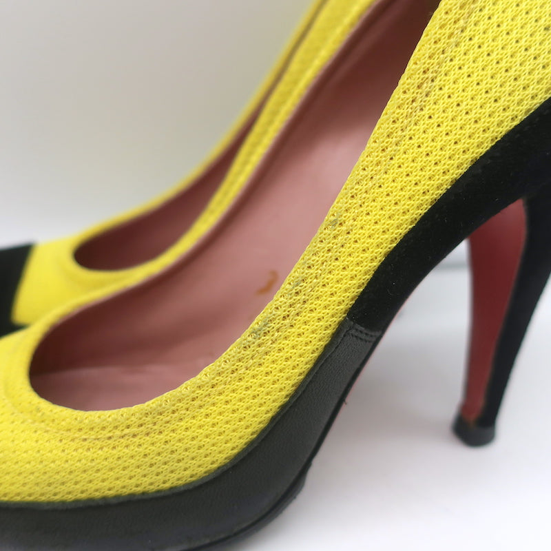 Prada Pumps Yellow Mesh &amp; Black Suede Size 36.5 Pointed Toe Heels