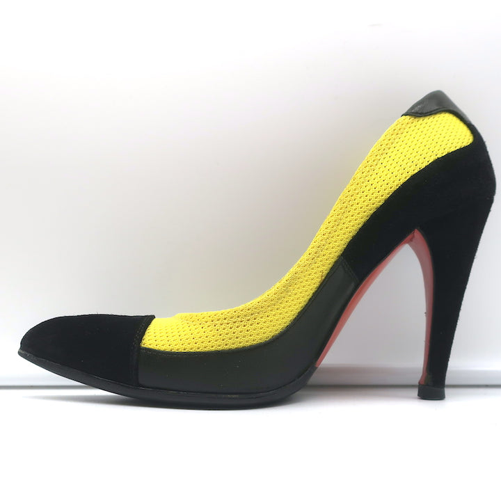 Prada Pumps Yellow Mesh &amp; Black Suede Size 36.5 Pointed Toe Heels