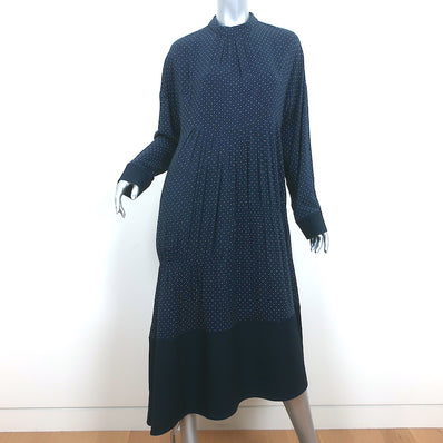Tibi Asymmetric Midi Dress Navy Polka Dot Voile Size Medium Long Sleeve NEW