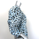 GANNI Leopard Print Top Blue Crispy Jacquard Size 34 Puff Sleeve Blouse NEW