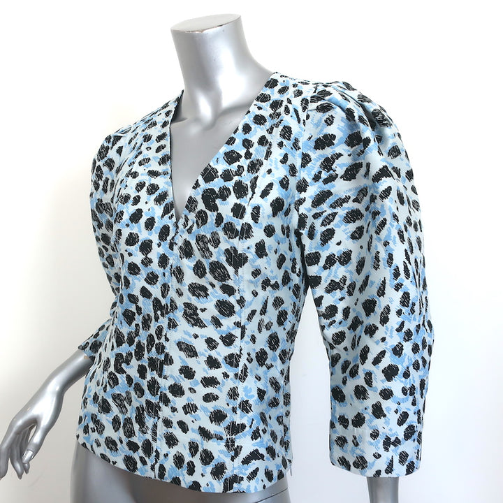 GANNI Leopard Print Top Blue Crispy Jacquard Size 34 Puff Sleeve Blouse NEW