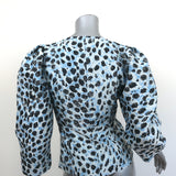 GANNI Leopard Print Top Blue Crispy Jacquard Size 34 Puff Sleeve Blouse NEW