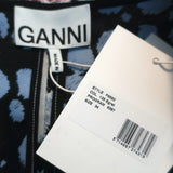 GANNI Leopard Print Top Blue Crispy Jacquard Size 34 Puff Sleeve Blouse NEW