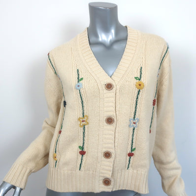 RE/DONE 50s V-Neck Cardigan Ivory Floral-Embroidered Knit Size Extra Small NEW