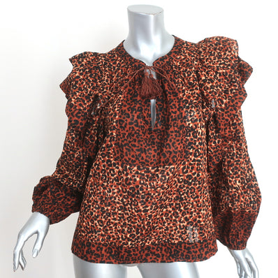 Ulla Johnson Ruffle Blouse Carissa Leopard Print Cotton Size 8 Tassel Tie Top