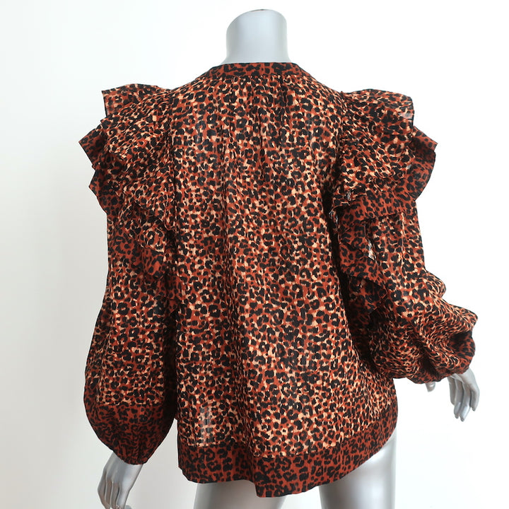 Ulla Johnson Ruffle Blouse Carissa Leopard Print Cotton Size 8 Tassel Tie Top