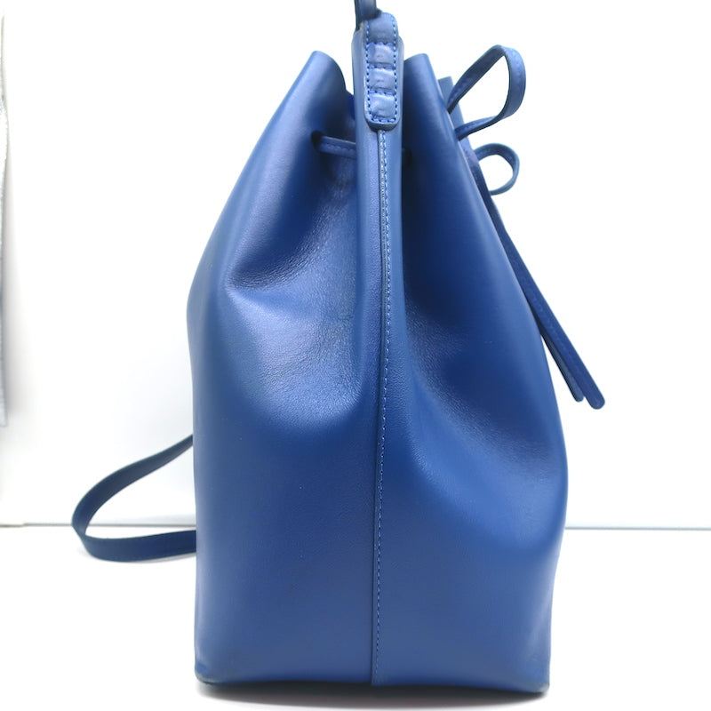 Blue Leather Drawstring Crossbody Small Bucket Bag