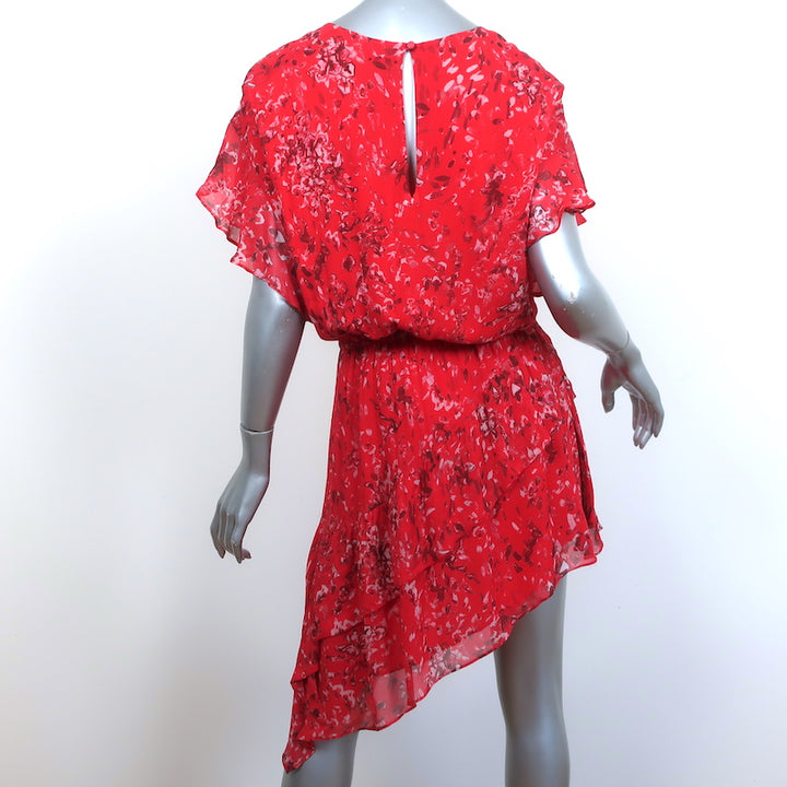 IRO Asymmetric Mini Dress Blame Red Printed Chiffon Size 36 Flutter Sleeve