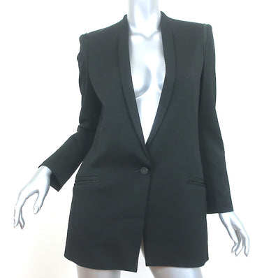 Helmut Lang Blazer Black Lamb Leather-Trim Smoking Wool Size 6 One Button Jacket
