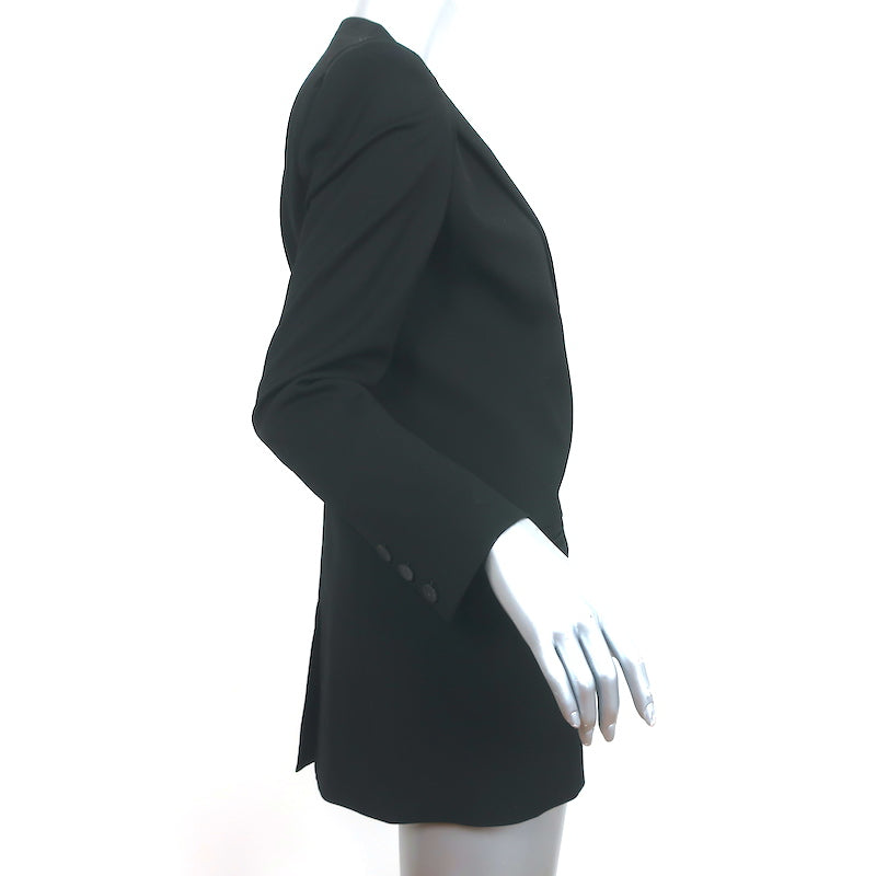 Helmut Lang Blazer Black Lamb Leather-Trim Smoking Wool Size 6 One Button Jacket