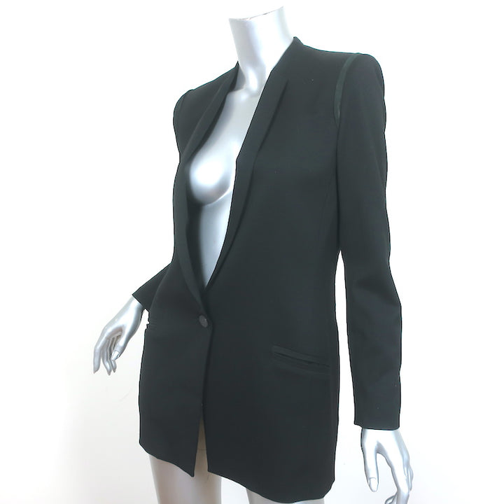 Helmut Lang Blazer Black Lamb Leather-Trim Smoking Wool Size 6 One Button Jacket