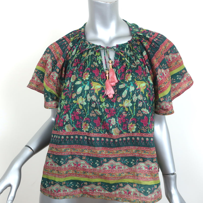Bell Tassel Blouse Green Floral Print Cotton-Silk Size Medium Flutter Sleeve Top
