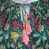 Bell Tassel Blouse Green Floral Print Cotton-Silk Size Medium Flutter Sleeve Top
