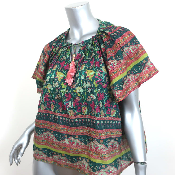 Bell Tassel Blouse Green Floral Print Cotton-Silk Size Medium Flutter Sleeve Top