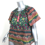 Bell Tassel Blouse Green Floral Print Cotton-Silk Size Medium Flutter Sleeve Top