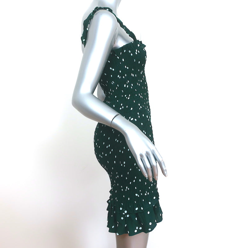 Faithfull the Brand Del Mar Smocked Mini Dress Green Polka Dot Crepe Size Small Faithfull the Brand Del Mar Smocked Mini Dress Green Polka Dot Crepe Size Small