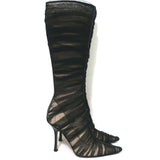 Jimmy Choo Ruched Tulle Knee High Boots Black Size 38 Pointed Toe Heel