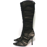 Jimmy Choo Ruched Tulle Knee High Boots Black Size 38 Pointed Toe Heel