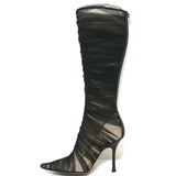 Jimmy Choo Ruched Tulle Knee High Boots Black Size 38 Pointed Toe Heel