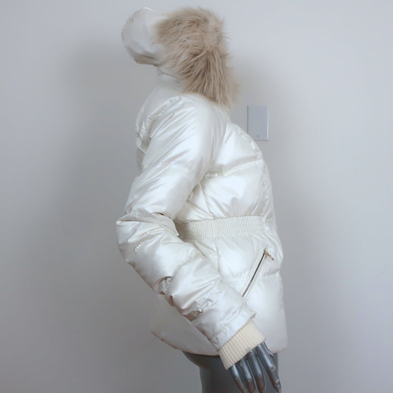 Juicy Couture Faux Fur Trim Hooded Down Puffer Jacket Cream Size Medium