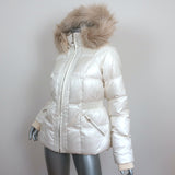 Juicy Couture Faux Fur Trim Hooded Down Puffer Jacket Cream Size Medium