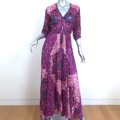 SPELL Maxi Dress Purple Floral Print Chiffon Size Small 3/4 Sleeve V-Neck