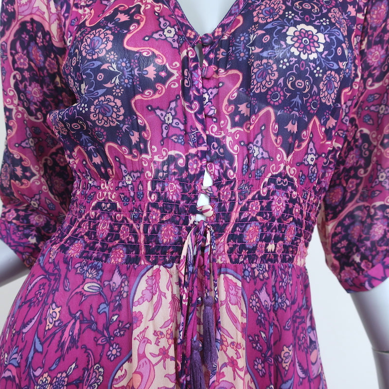 SPELL Maxi Dress Purple Floral Print Chiffon Size Small 3/4 Sleeve V-Neck