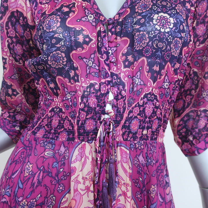 SPELL Maxi Dress Purple Floral Print Chiffon Size Small 3/4 Sleeve V-Neck
