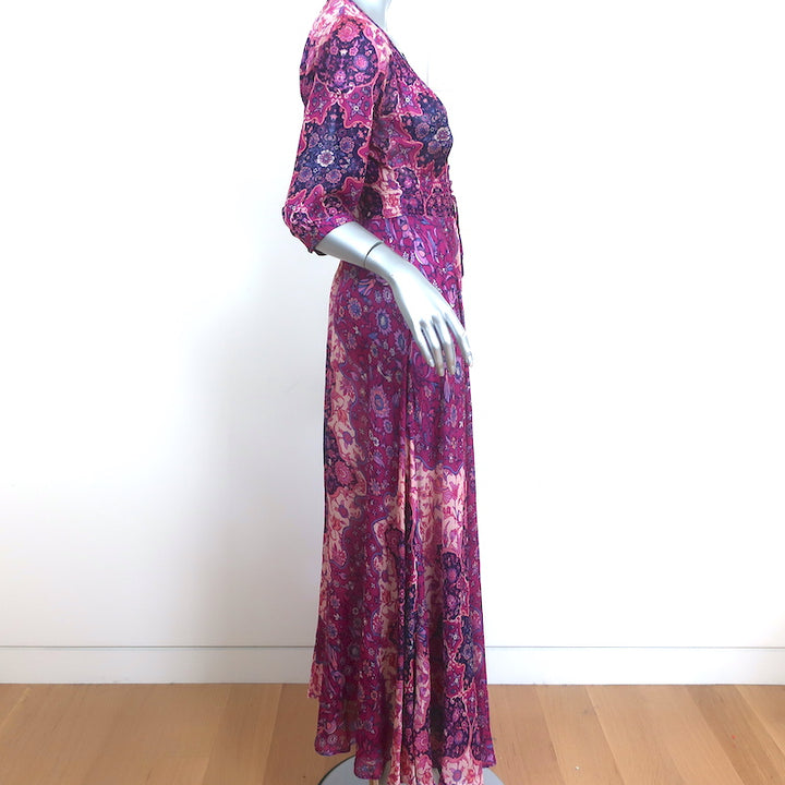 SPELL Maxi Dress Purple Floral Print Chiffon Size Small 3/4 Sleeve V-Neck