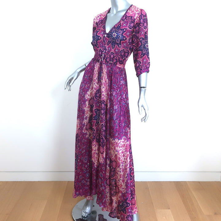 SPELL Maxi Dress Purple Floral Print Chiffon Size Small 3/4 Sleeve V-Neck