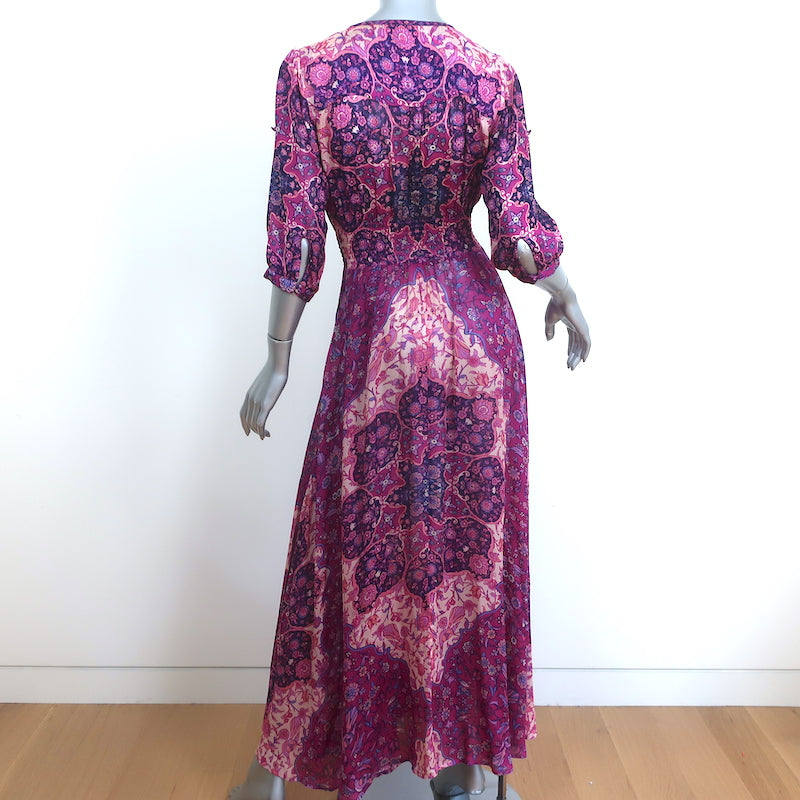SPELL Maxi Dress Purple Floral Print Chiffon Size Small 3/4 Sleeve V-Neck