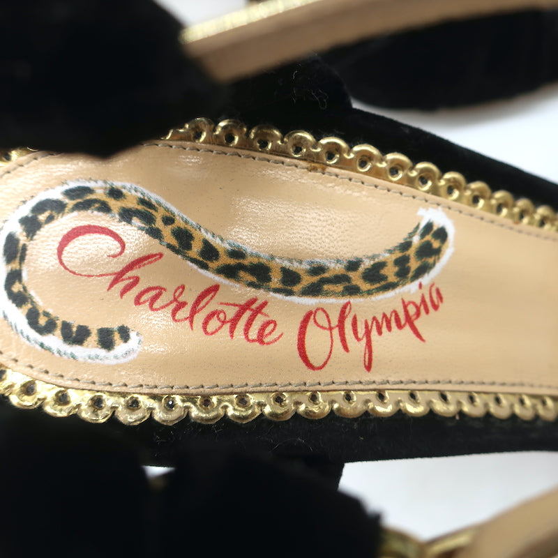 Charlotte Olympia Broadway Knotted Velvet Sandals Black Size 37.5 Open Toe Heels