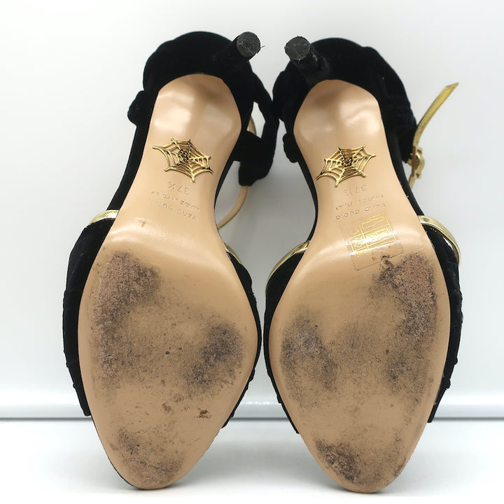 Charlotte Olympia Broadway Knotted Velvet Sandals Black Size 37.5 Open Toe Heels