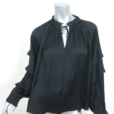 Ulla Johnson Tie-Neck Blouse Carolina Black Satin Size 6 Long Sleeve Top NEW