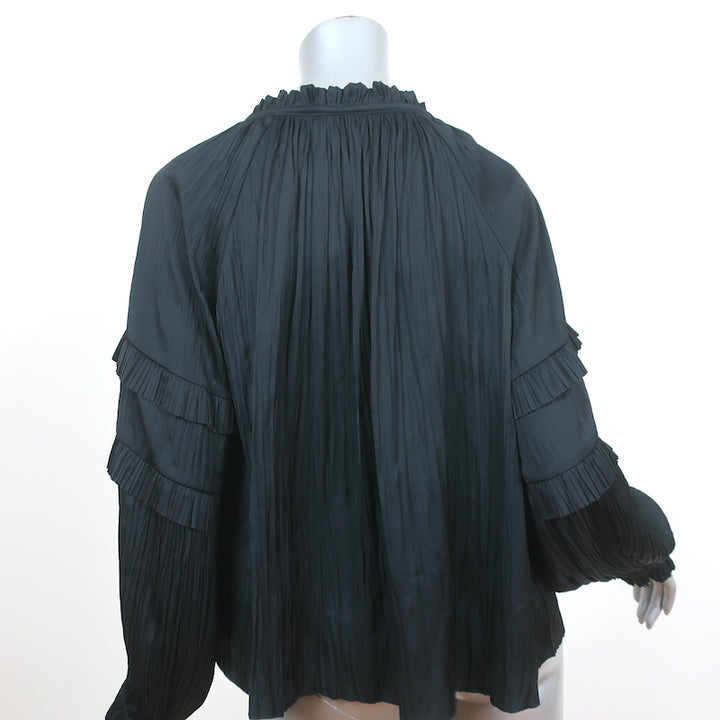 Ulla Johnson Tie-Neck Blouse Carolina Black Satin Size 6 Long Sleeve Top NEW