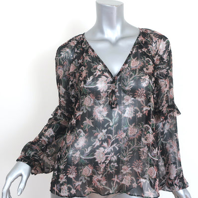 Veronica Beard Blouse Zanita Black Metallic Floral Print Ruffled Chiffon Size 4