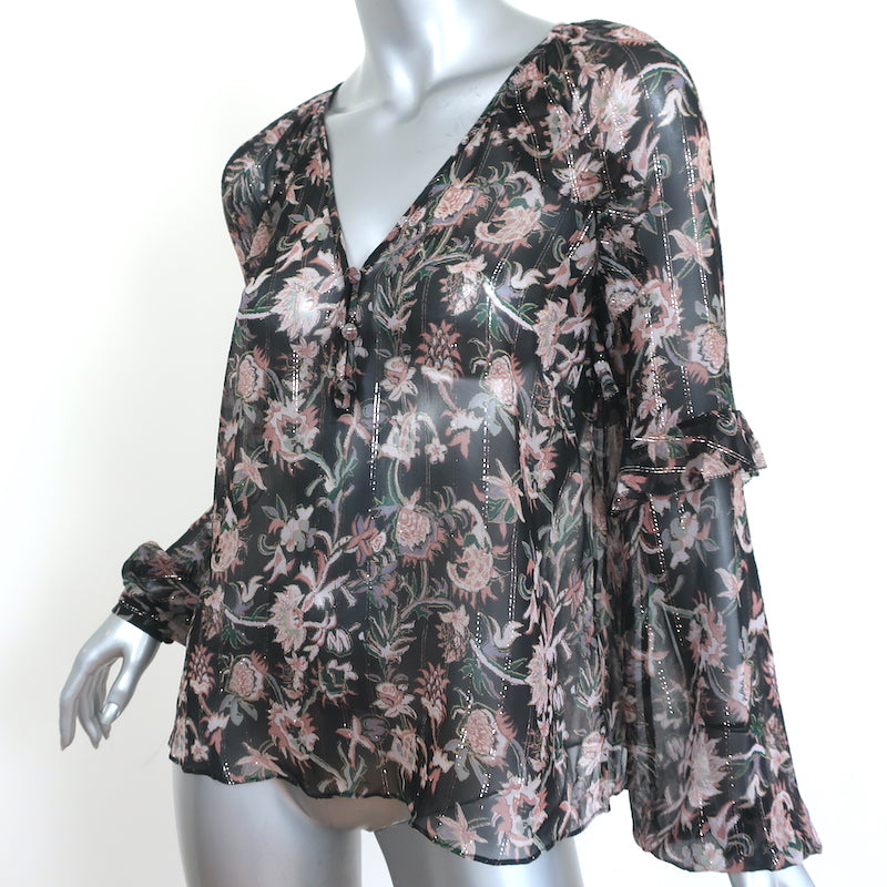 Veronica Beard Blouse Zanita Black Metallic Floral Print Ruffled Chiffon Size 4