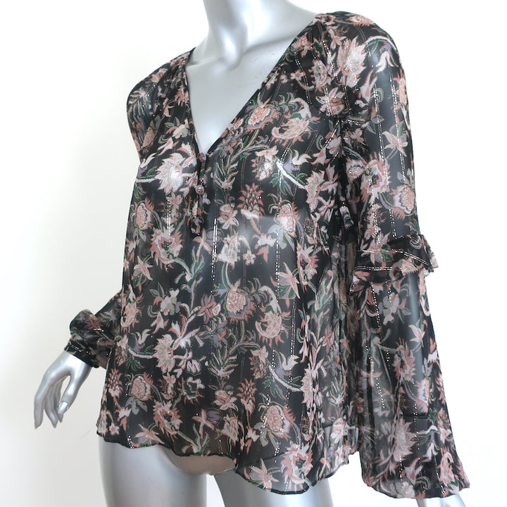 Veronica Beard Blouse Zanita Black Metallic Floral Print Ruffled Chiffon Size 4