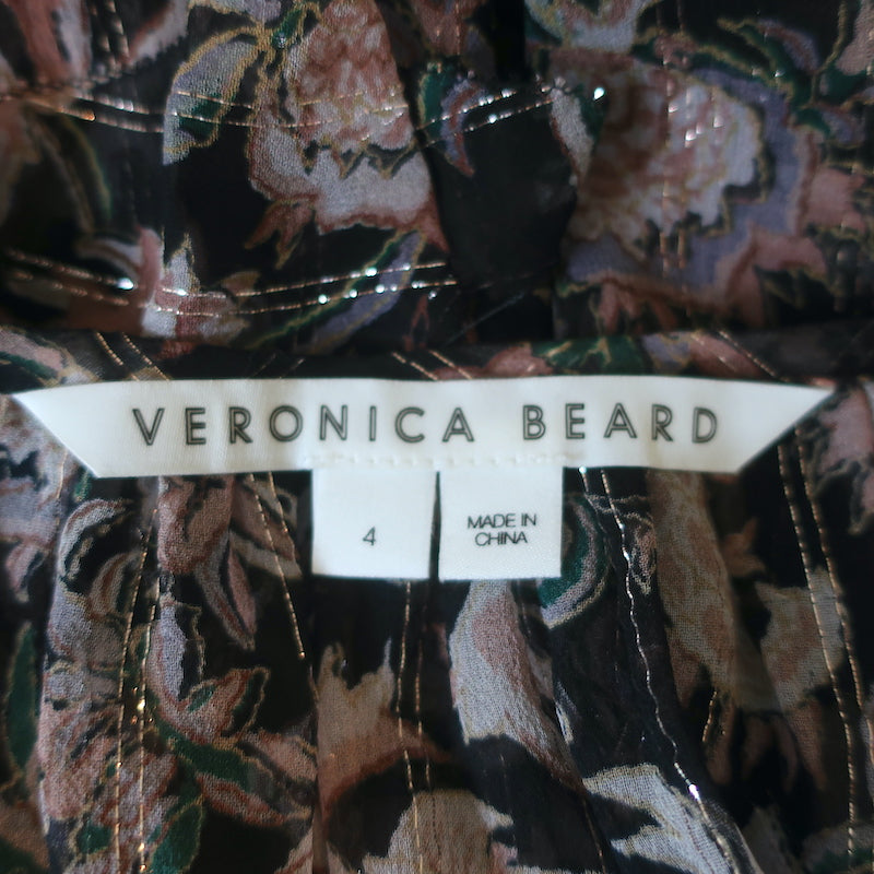 Veronica Beard Blouse Zanita Black Metallic Floral Print Ruffled Chiffon Size 4