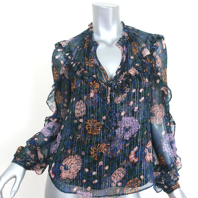 Veronica Beard Blouse Abra Metallic Floral Print Ruffled Chiffon Size 4
