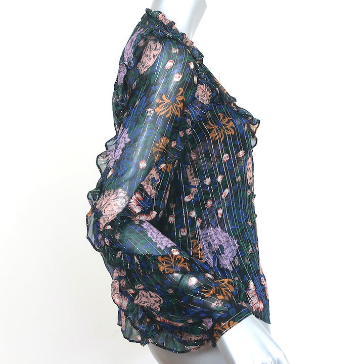 Veronica Beard Blouse Abra Metallic Floral Print Ruffled Chiffon Size 4