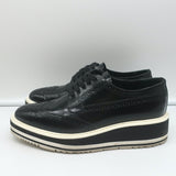Prada Wingtip Brogue Platform Sneakers Black Spazzolato Leather Size 36.5