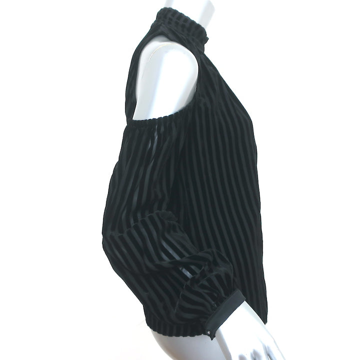 Intermix Cold Shoulder Blouse Renata Black Striped Velvet Size 2 Long Sleeve Top