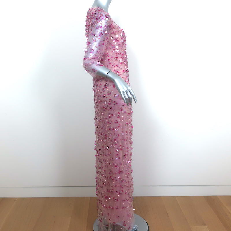 Carolina Herrera Floral Pailette Embellished Tulle Maxi Dress Pink Size 4