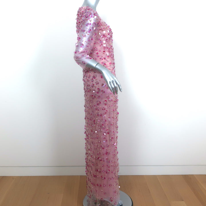 Carolina Herrera Floral Pailette Embellished Tulle Maxi Dress Pink Size 4