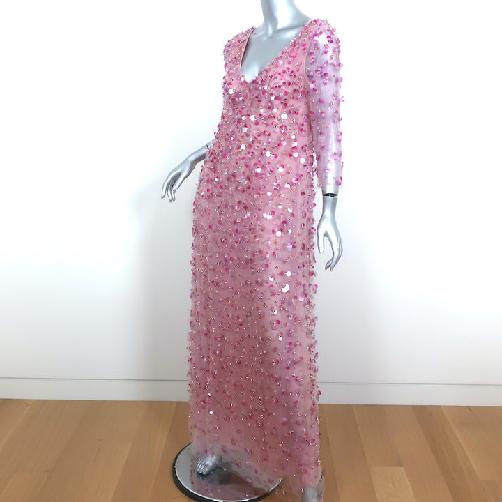 Carolina Herrera Floral Pailette Embellished Tulle Maxi Dress Pink Size 4