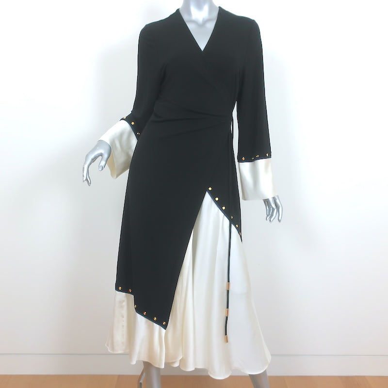 Tory Burch Mixed Material Wrap Dress Black Jersey & Cream Satin Size S – Celebrity Owned Tory Burch Mixed Material Wrap Dress Black Jersey & Cream Satin Size S – Celebrity Owned